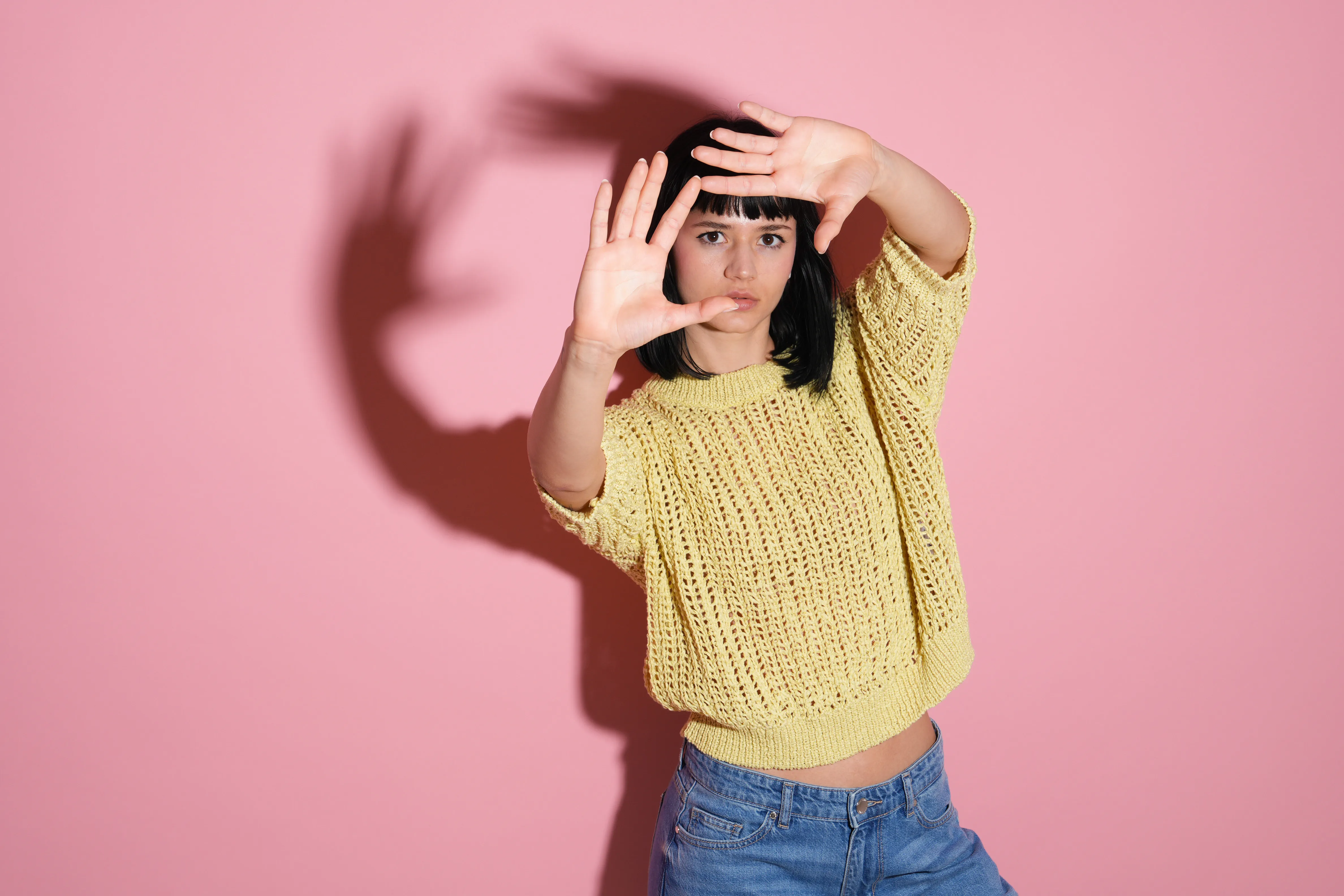 Pullover, Knitpullover, Gelb, Kurze Haare, Jeans