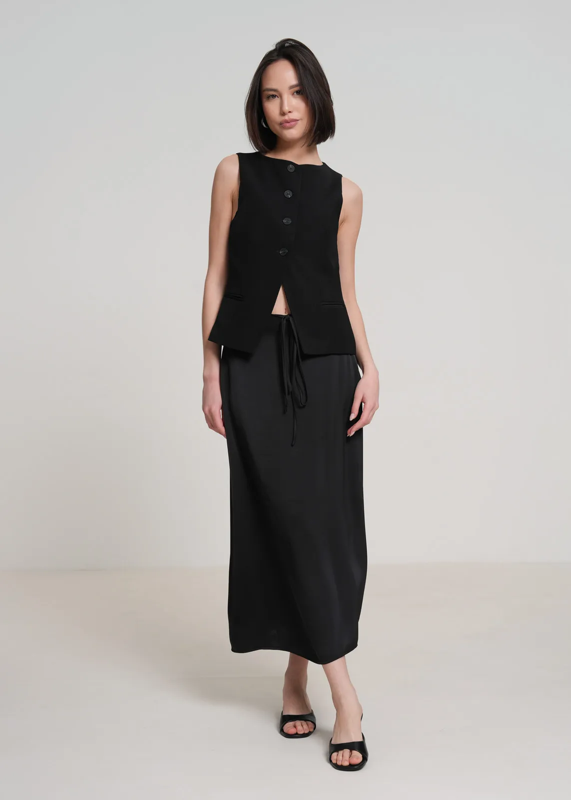 Schwarz, Sleeveless, Weste, Maxi-Rock, Kordelzug Taille