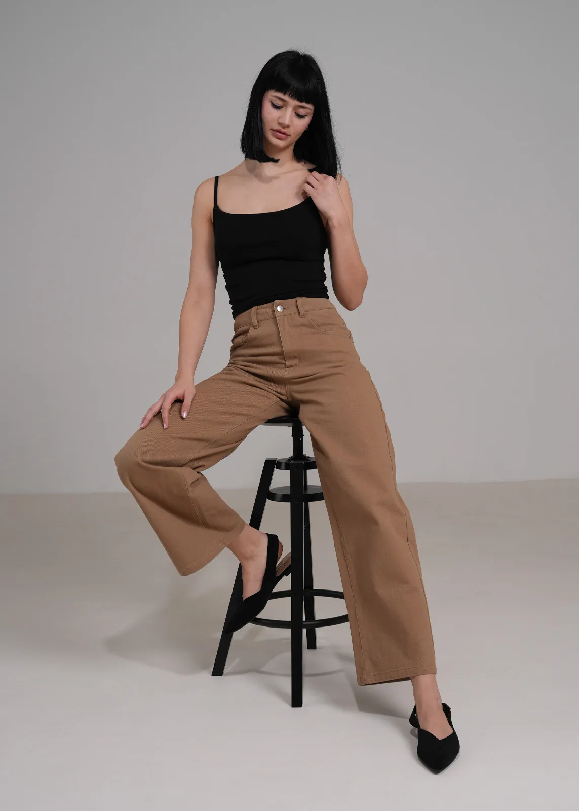 Hose, Khaki, Weite, High-Wit, Laternen-Tasche