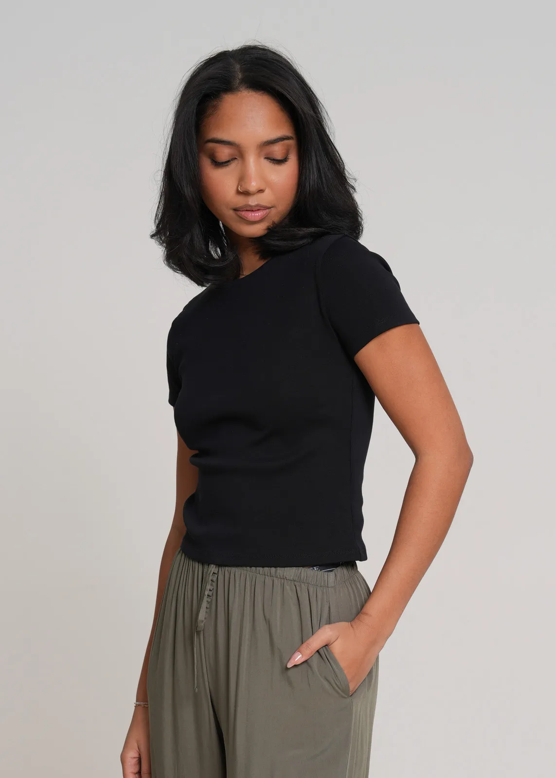 t-shirt, schwarz, kurzarmig, Stricktop, Unifarben