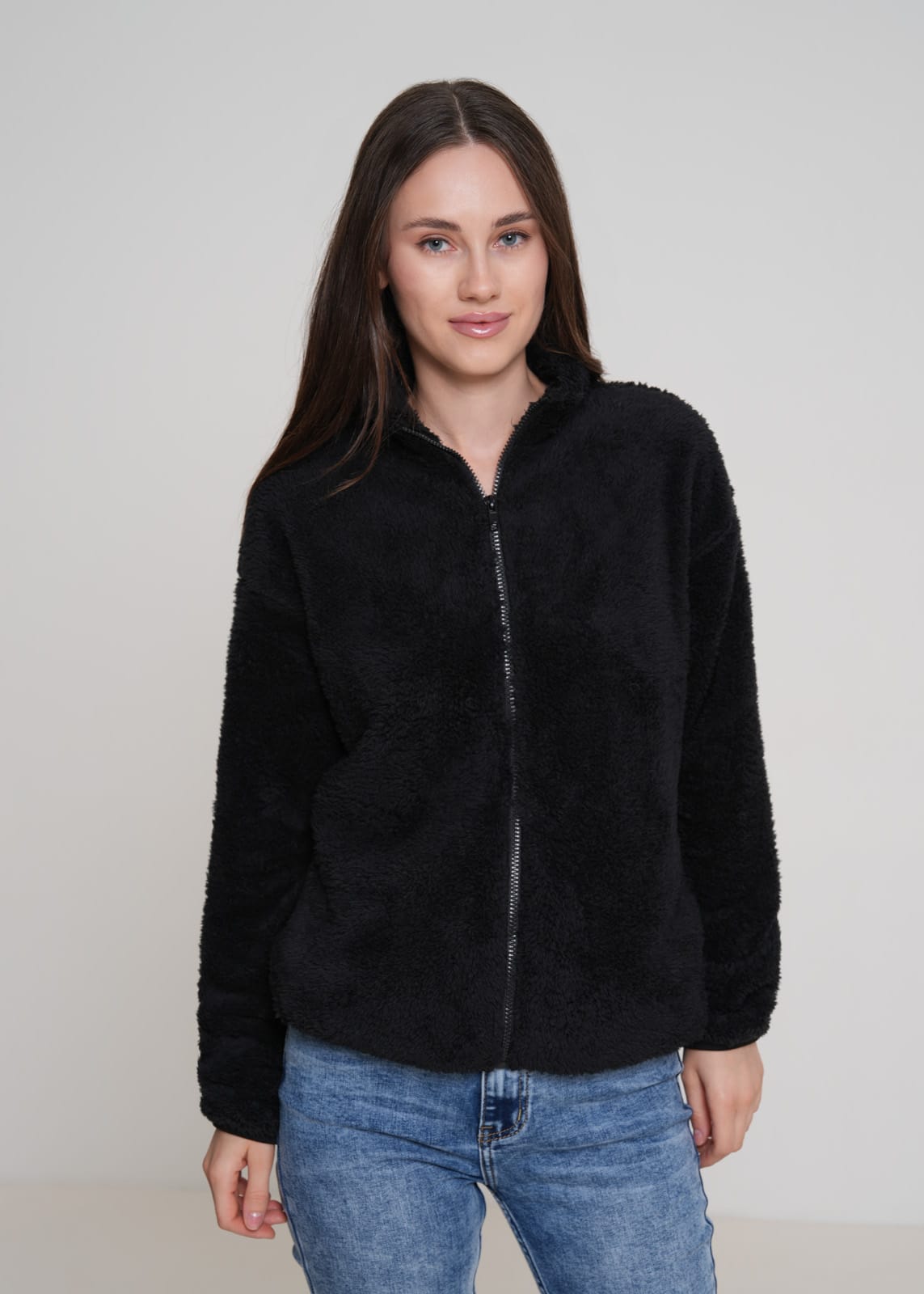 Veste effet peluche avec fermeture éclair en Noir1